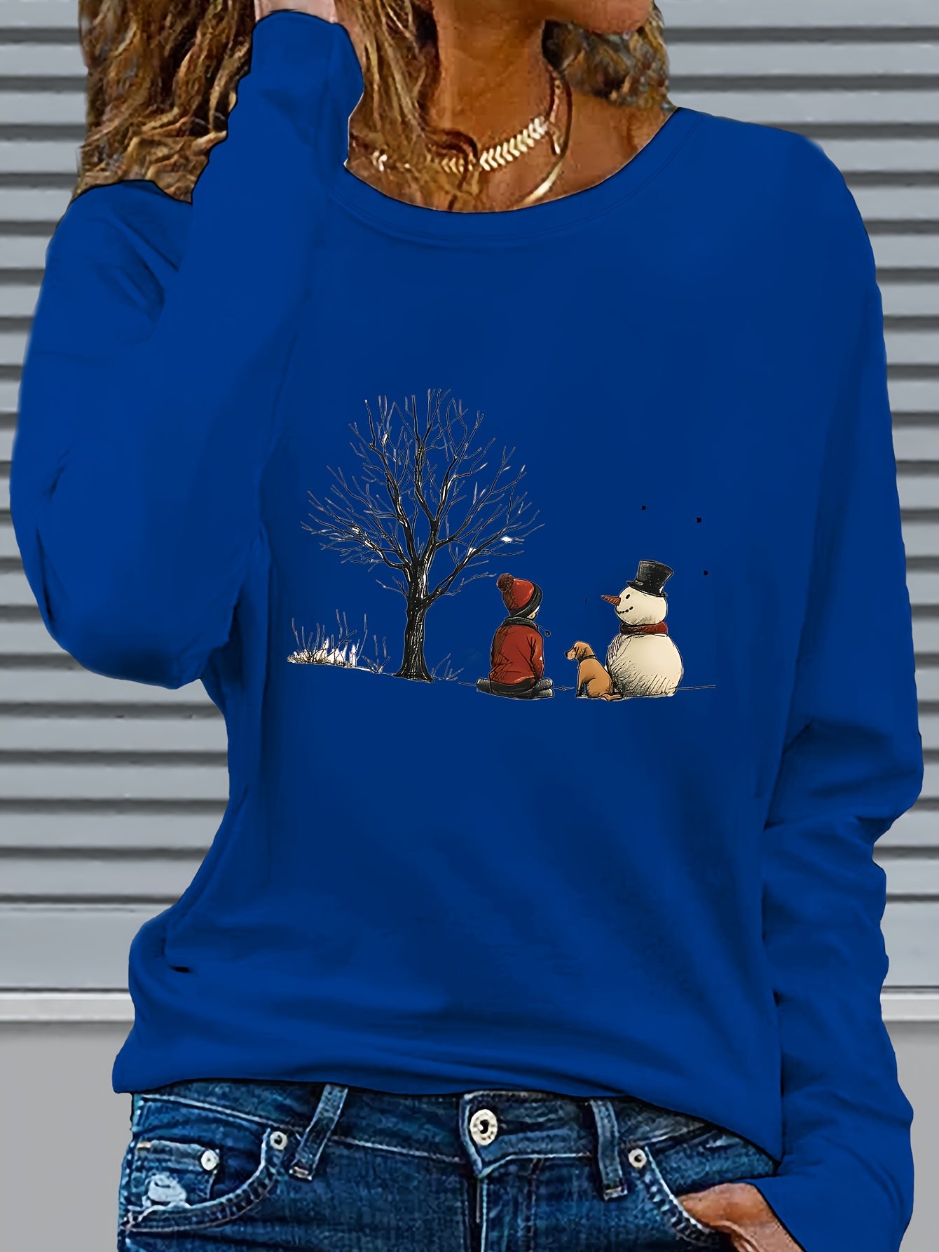 Women’s Christmas Snowman & Dog Graphic Long Sleeve T-Shirt – Cozy Winter Crew Neck Holiday Top