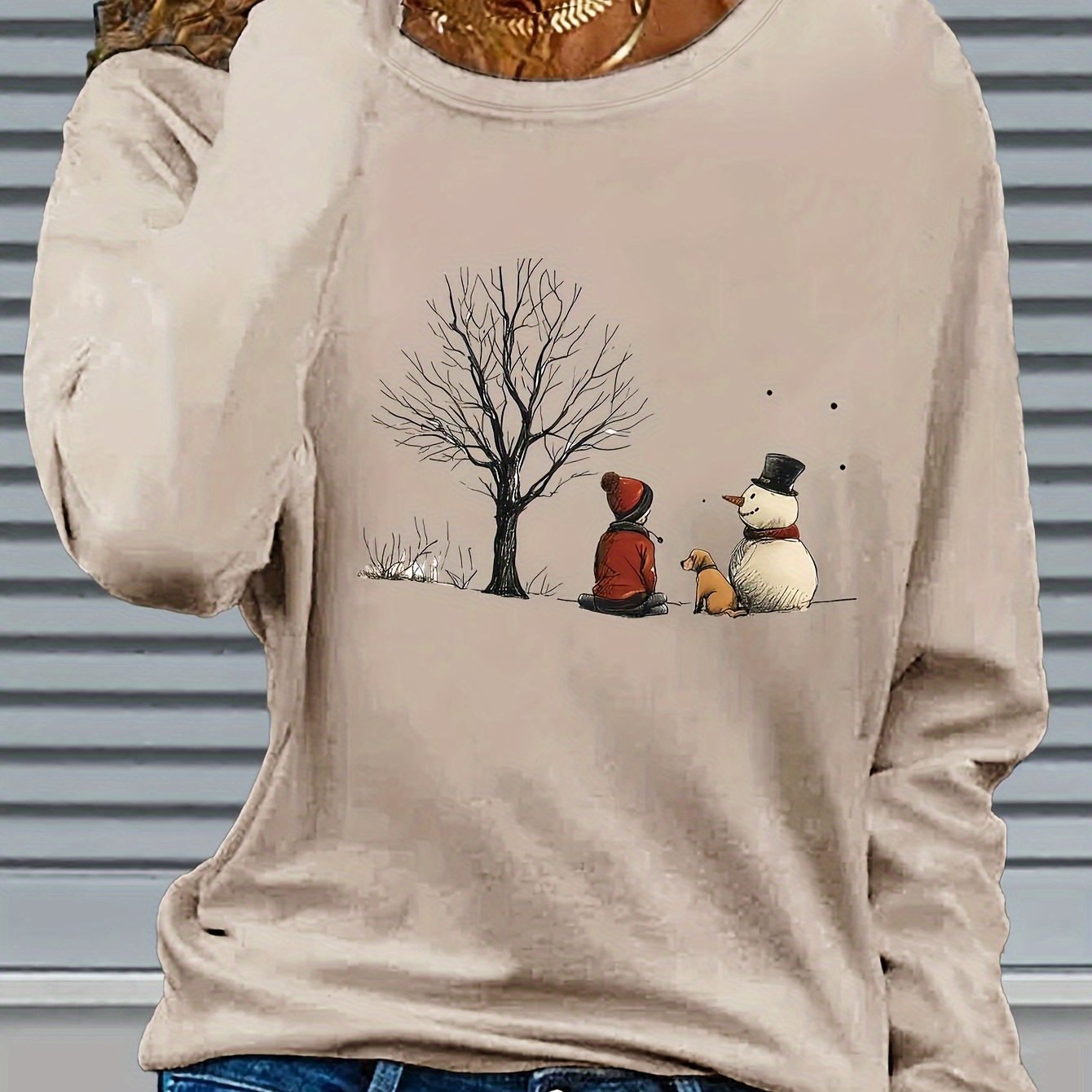Women’s Christmas Snowman & Dog Graphic Long Sleeve T-Shirt – Cozy Winter Crew Neck Holiday Top