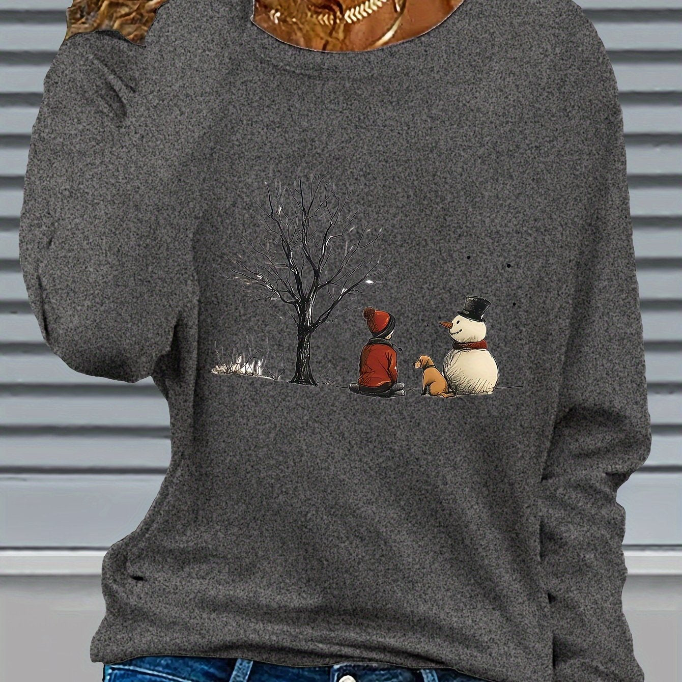 Women’s Christmas Snowman & Dog Graphic Long Sleeve T-Shirt – Cozy Winter Crew Neck Holiday Top