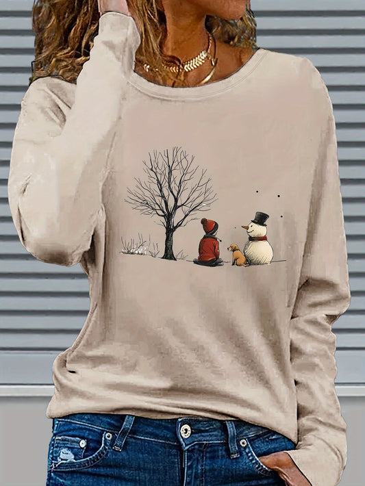 Women’s Christmas Snowman & Dog Graphic Long Sleeve T-Shirt – Cozy Winter Crew Neck Holiday Top