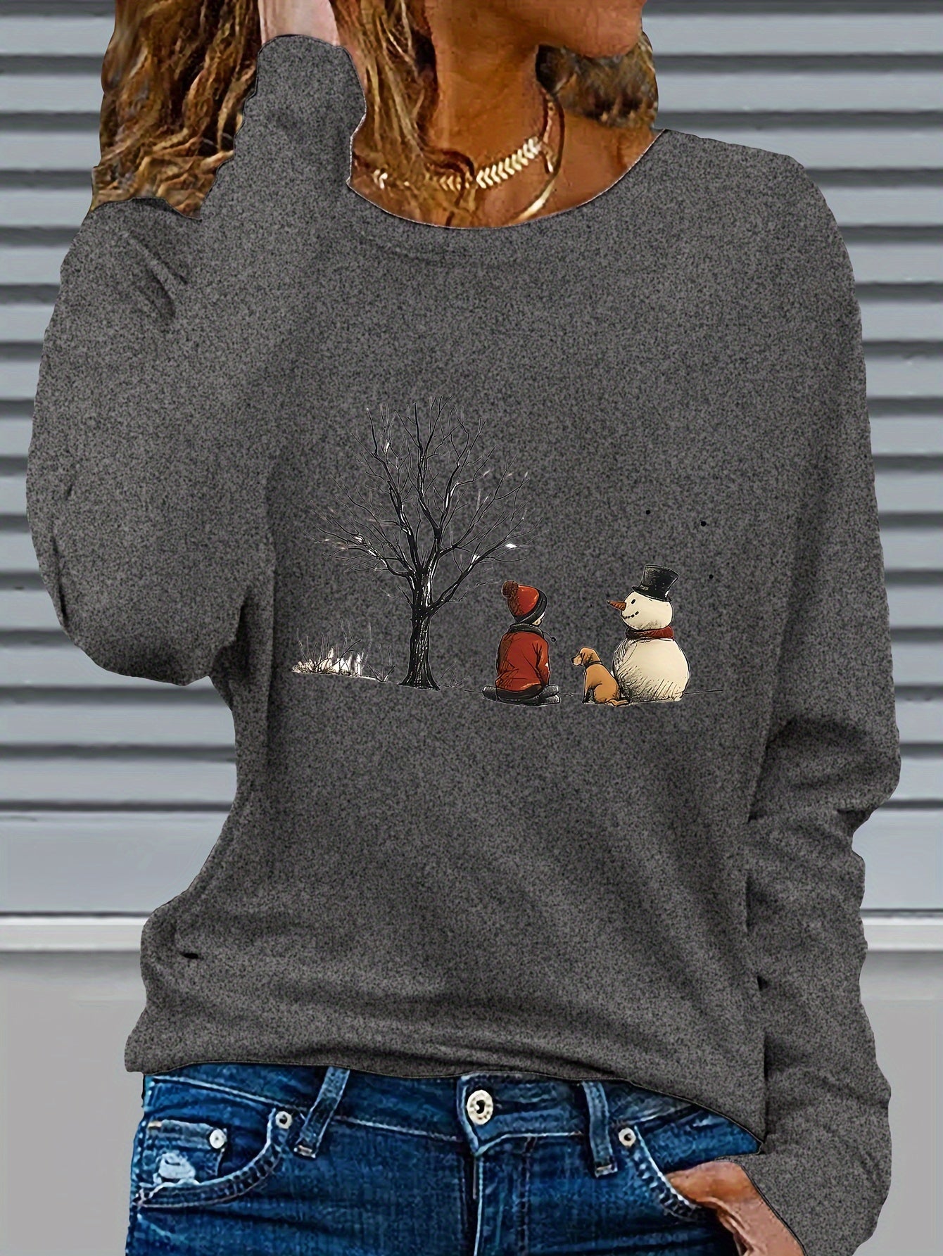 Women’s Christmas Snowman & Dog Graphic Long Sleeve T-Shirt – Cozy Winter Crew Neck Holiday Top