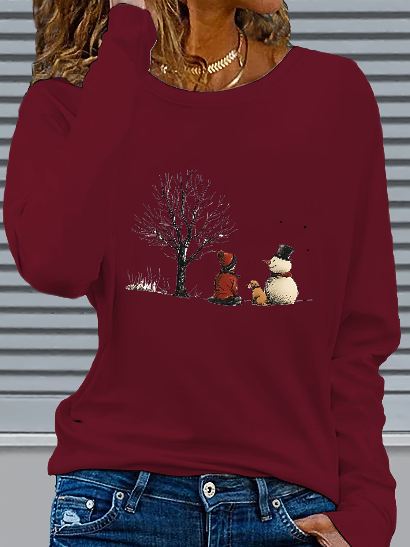 Women’s Christmas Snowman & Dog Graphic Long Sleeve T-Shirt – Cozy Winter Crew Neck Holiday Top