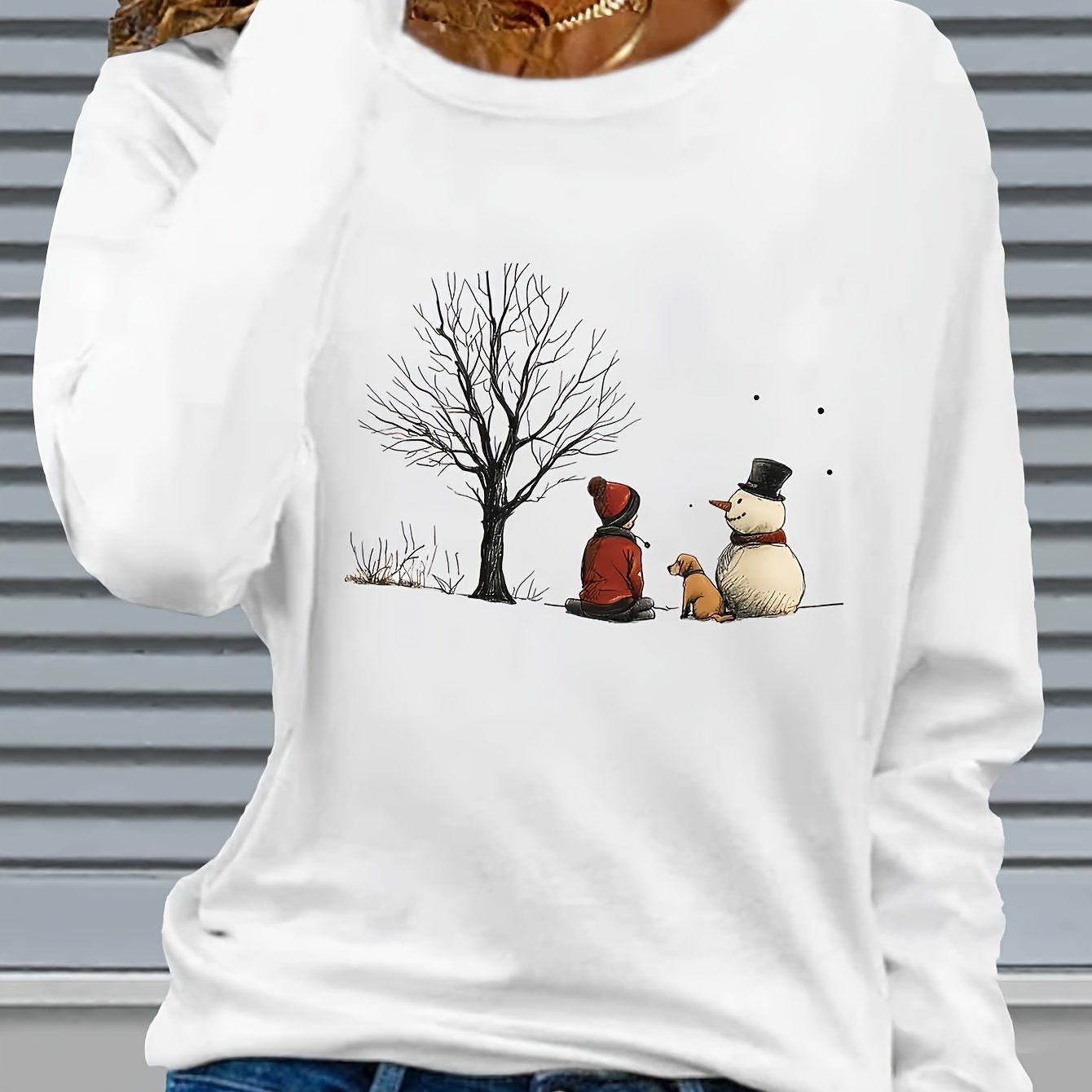 Women’s Christmas Snowman & Dog Graphic Long Sleeve T-Shirt – Cozy Winter Crew Neck Holiday Top