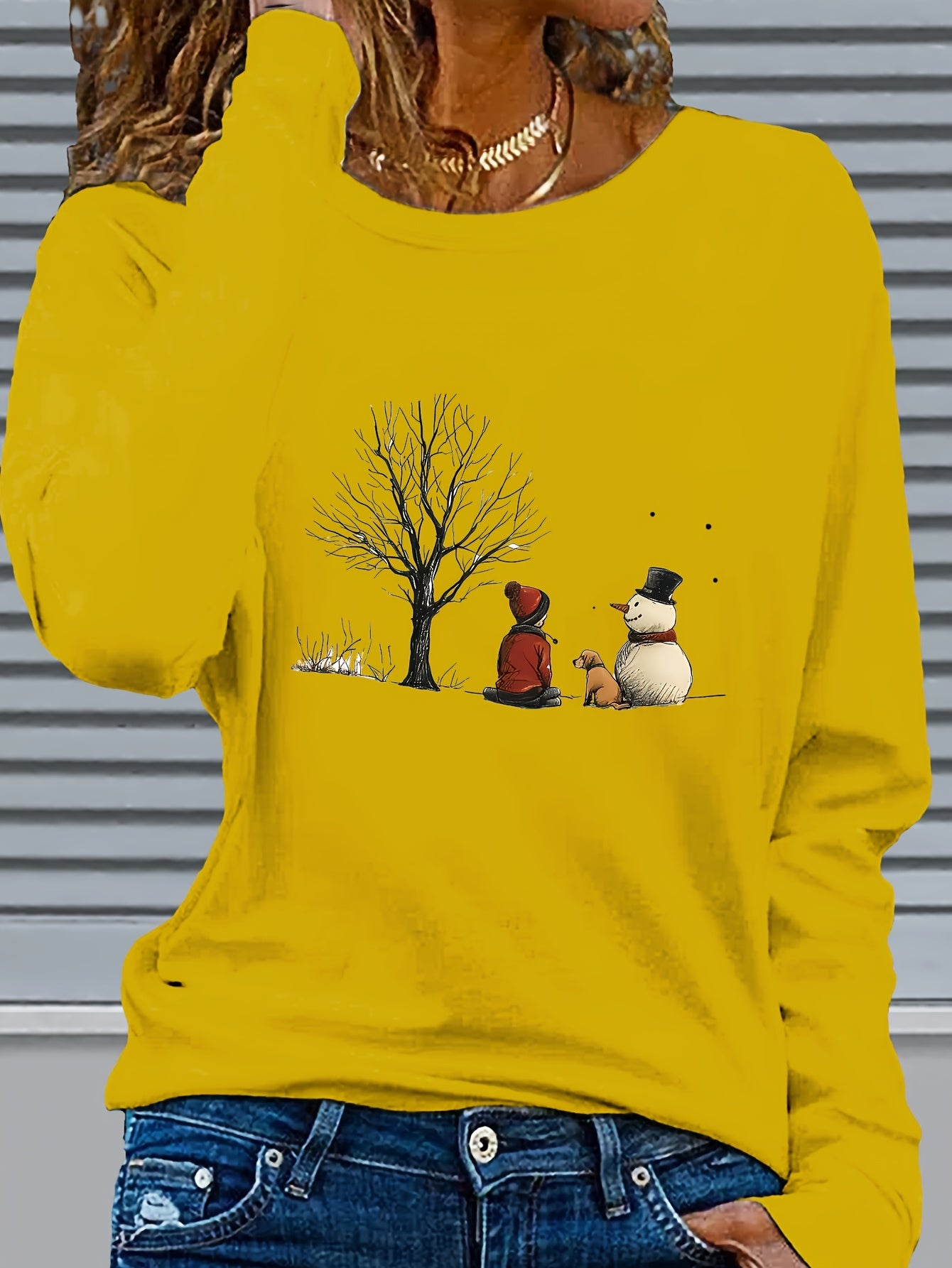 Women’s Christmas Snowman & Dog Graphic Long Sleeve T-Shirt – Cozy Winter Crew Neck Holiday Top