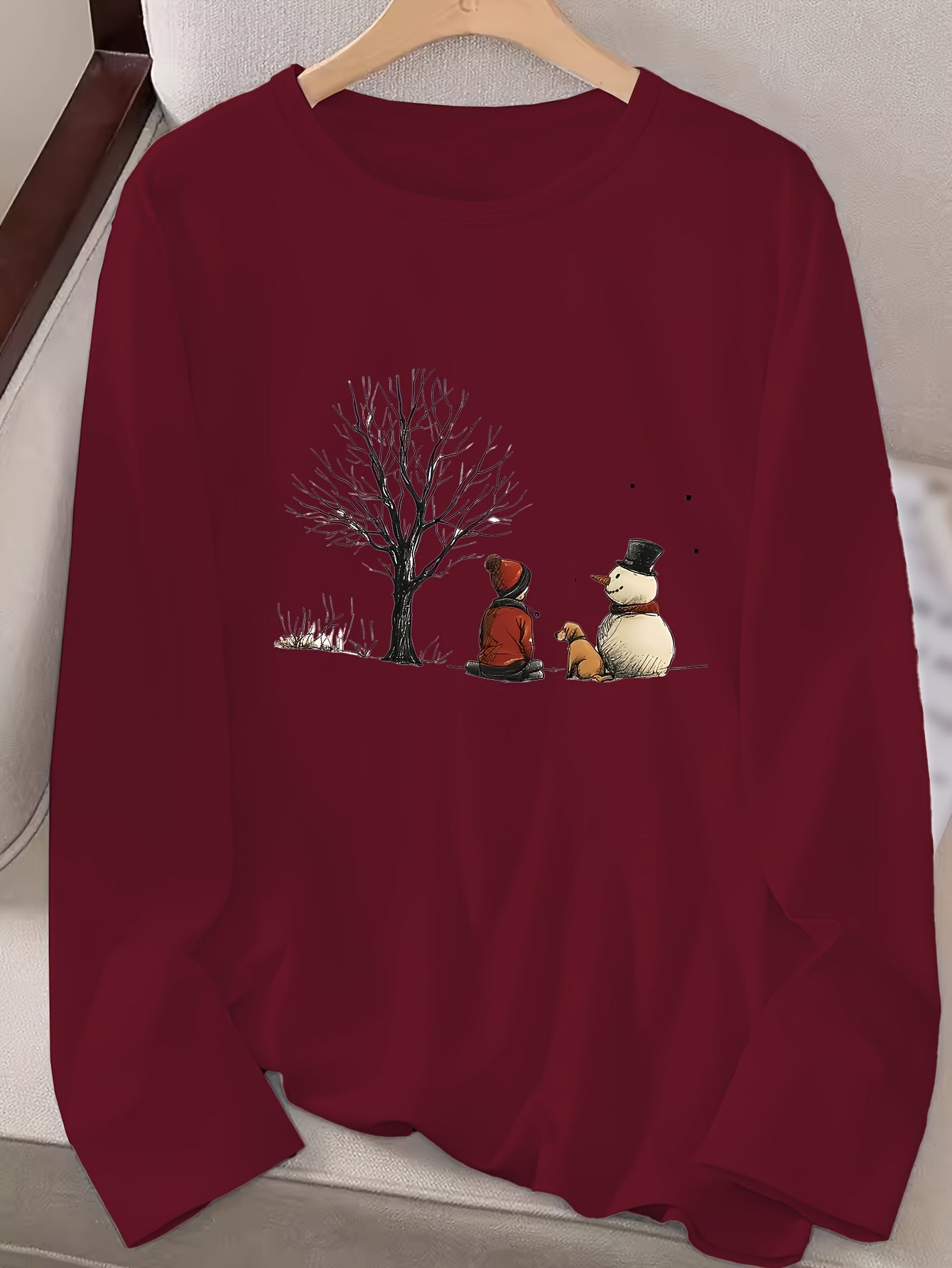 Women’s Christmas Snowman & Dog Graphic Long Sleeve T-Shirt – Cozy Winter Crew Neck Holiday Top